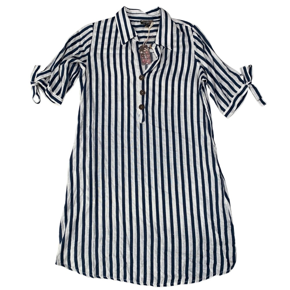 J Gee Tunic Dress Womens Large Blue White Stripe Button Tie Sleeve Casual